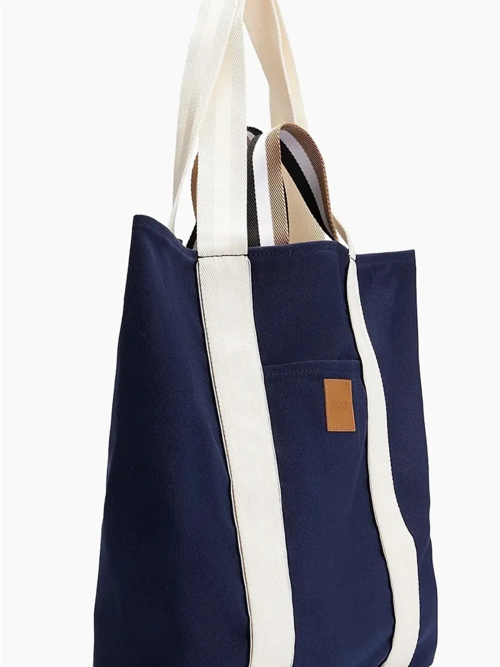 BOSS Navy Canvas Tote with Cream Straps and Tan Logo Patch